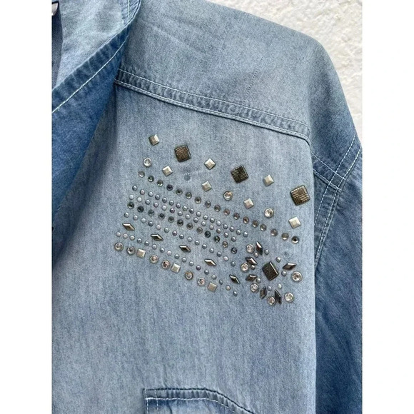 Avenue Womens Long Sleeve Embellished Button Down Denim Shirts Blue Sz XL - Picture 4 of 14